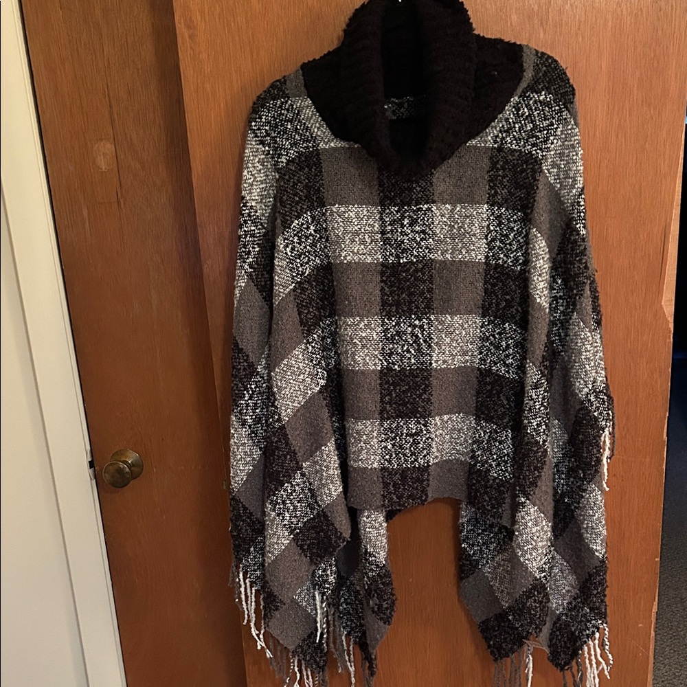 Plaid Knit Poncho Sweater - Black and Gray